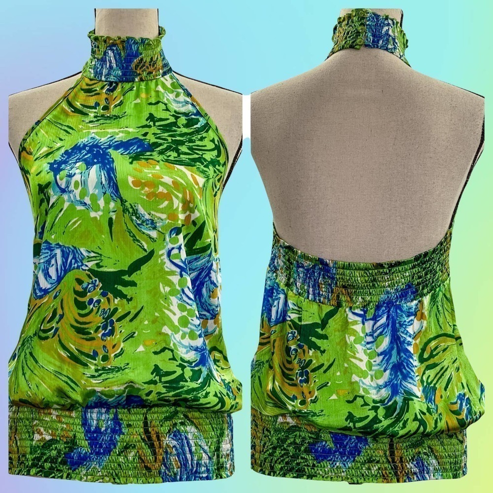 COTTON Express Green Blue Floral Print Open Back Halter Sleeveless Blouse - Picture 10 of 11